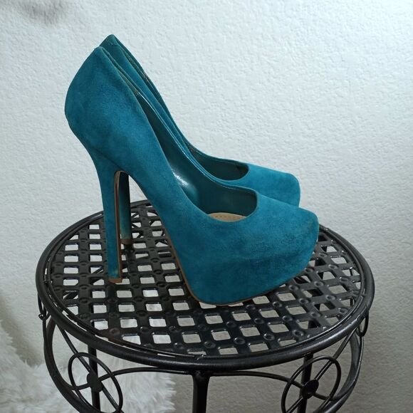 STEVE MADDEN BABYLON TEAL GREEN SUADE PLATFORM HEELS SZ.6M GUC - Picture 1 of 9